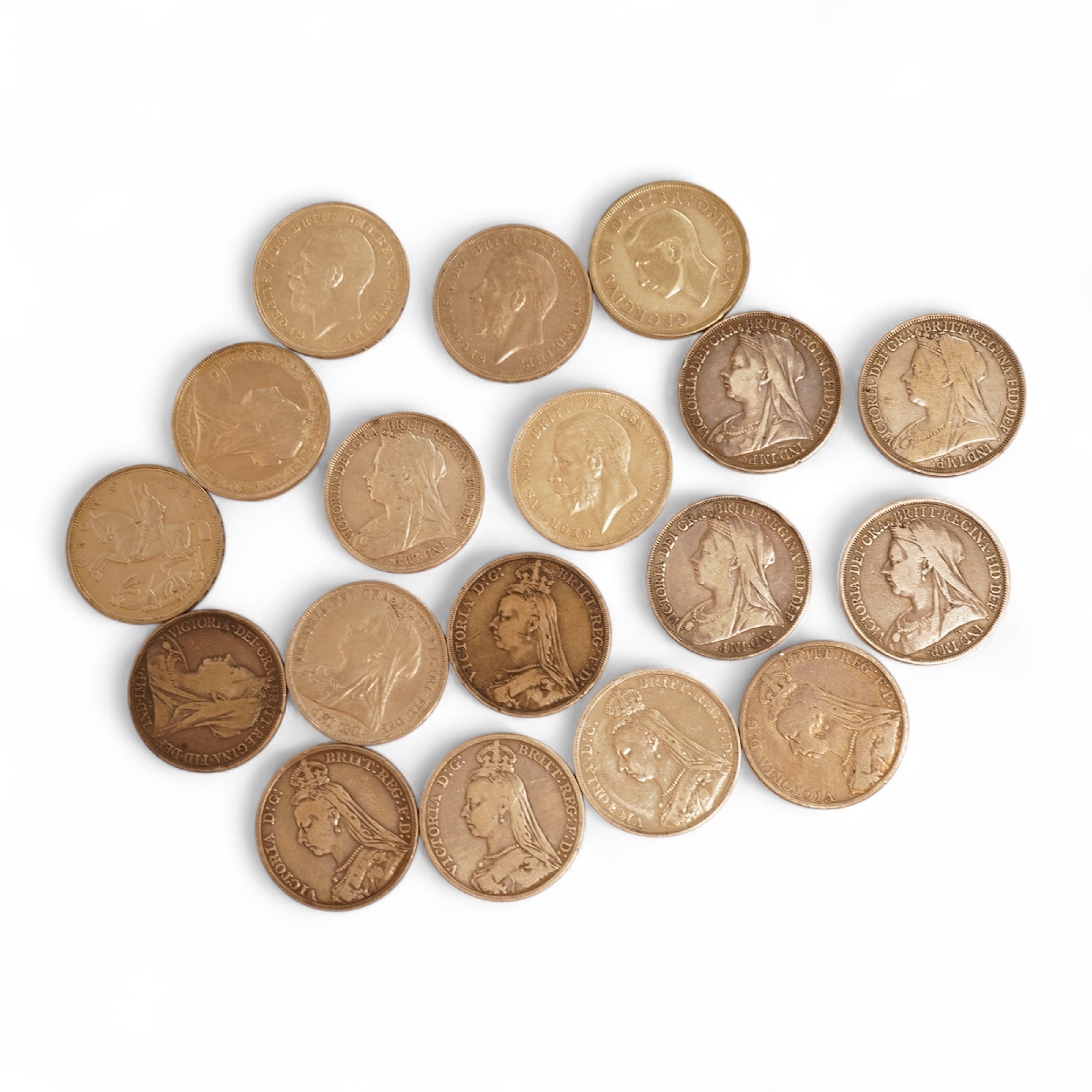British silver coins, Victoria to George VI, eighteen crowns;, two 1889, 1890, 1891, 1892, two 1893, 1894 to 1895, 1896, 1897, 1898, four 1935 and 1937, ranging from fine to about EF